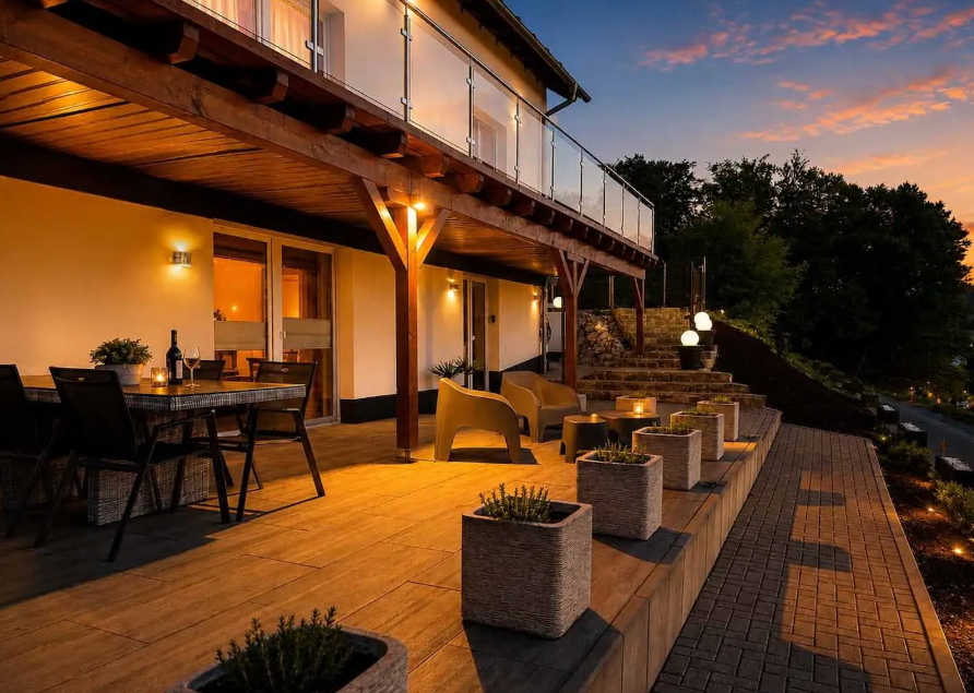 Terrasse der Fewo Aussicht am Abend